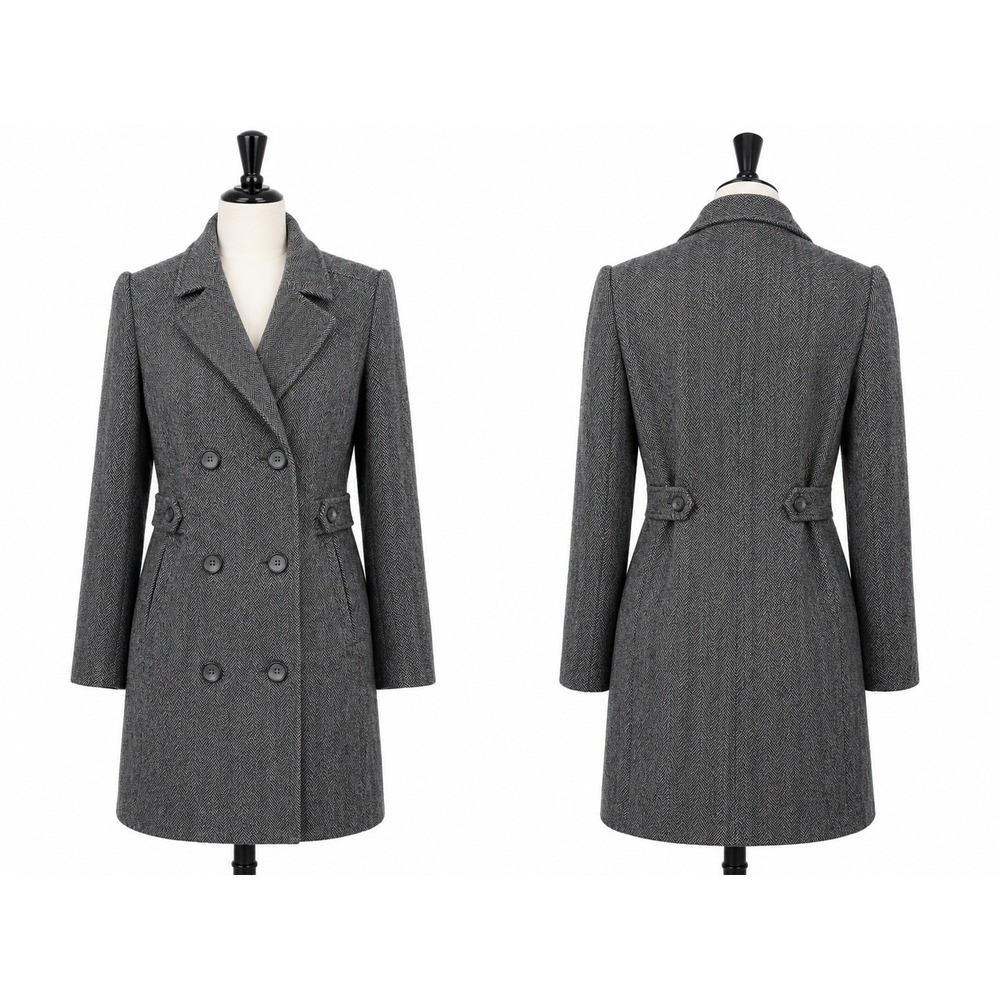 Women's Gray Herringbone Double Breasted Belted Long Trench Coat